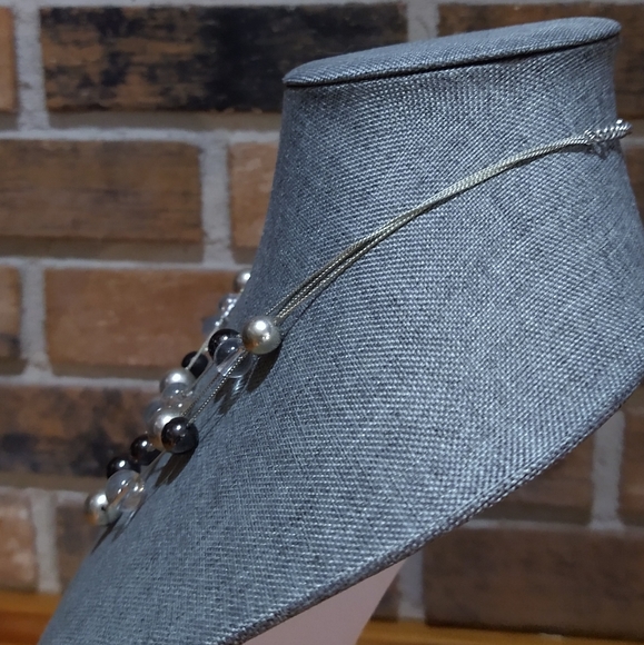 Layered faux Pearl silver black clear chain necklace - Picture 7 of 15